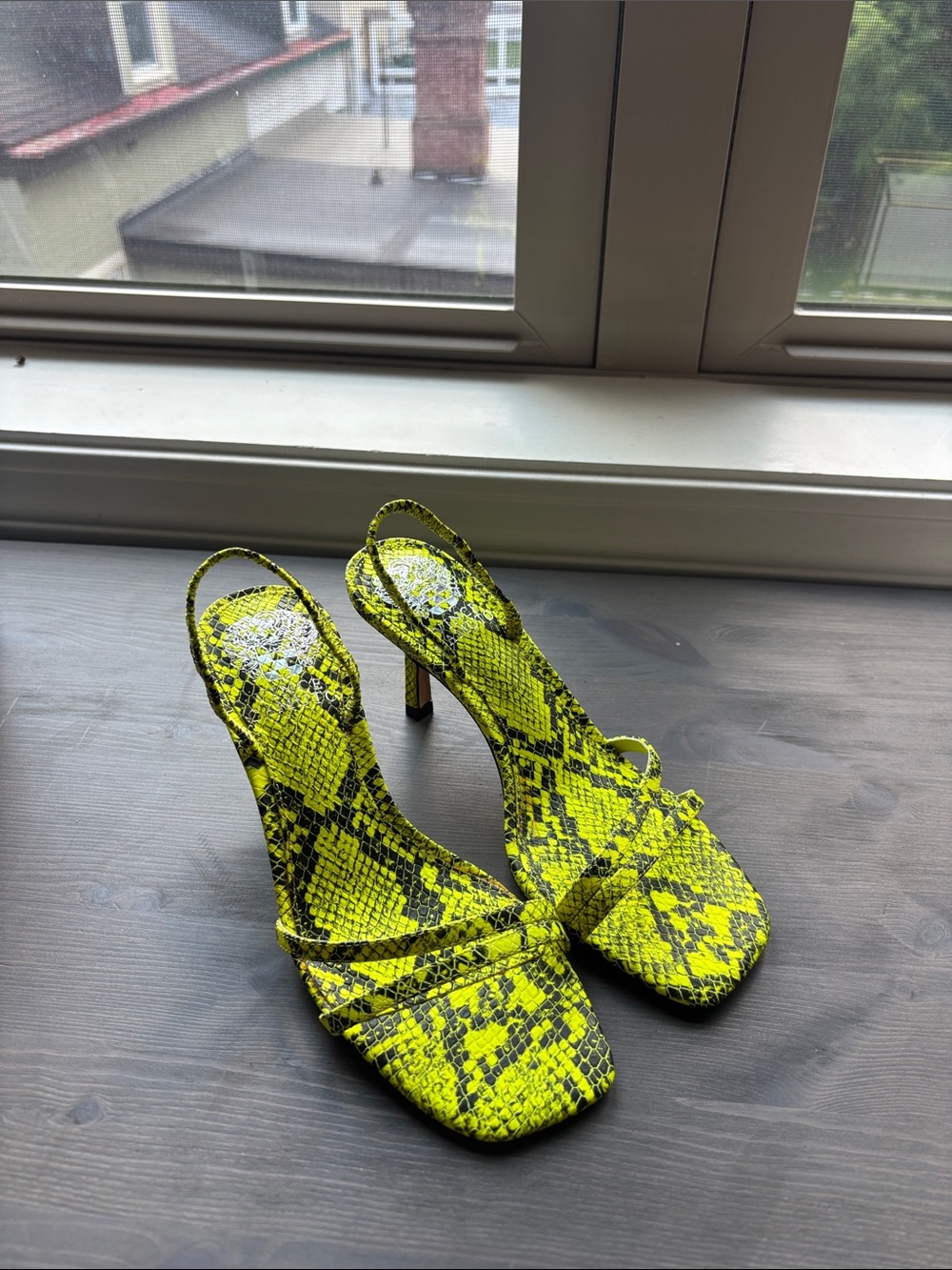 Neon Yellow Snake-Print Slingback Heels